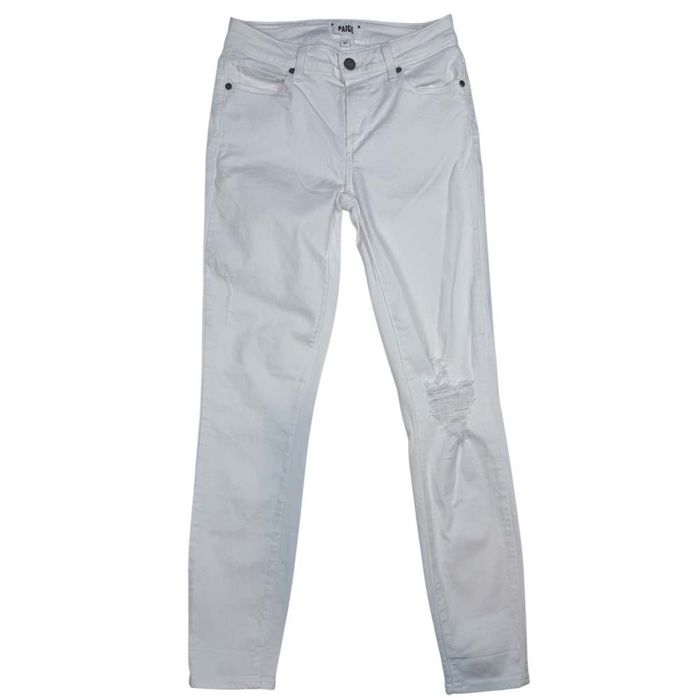 PAIGE Verdugo Ankle White Distressed Skinny Jeans Womens Size 27 Shredded Knee